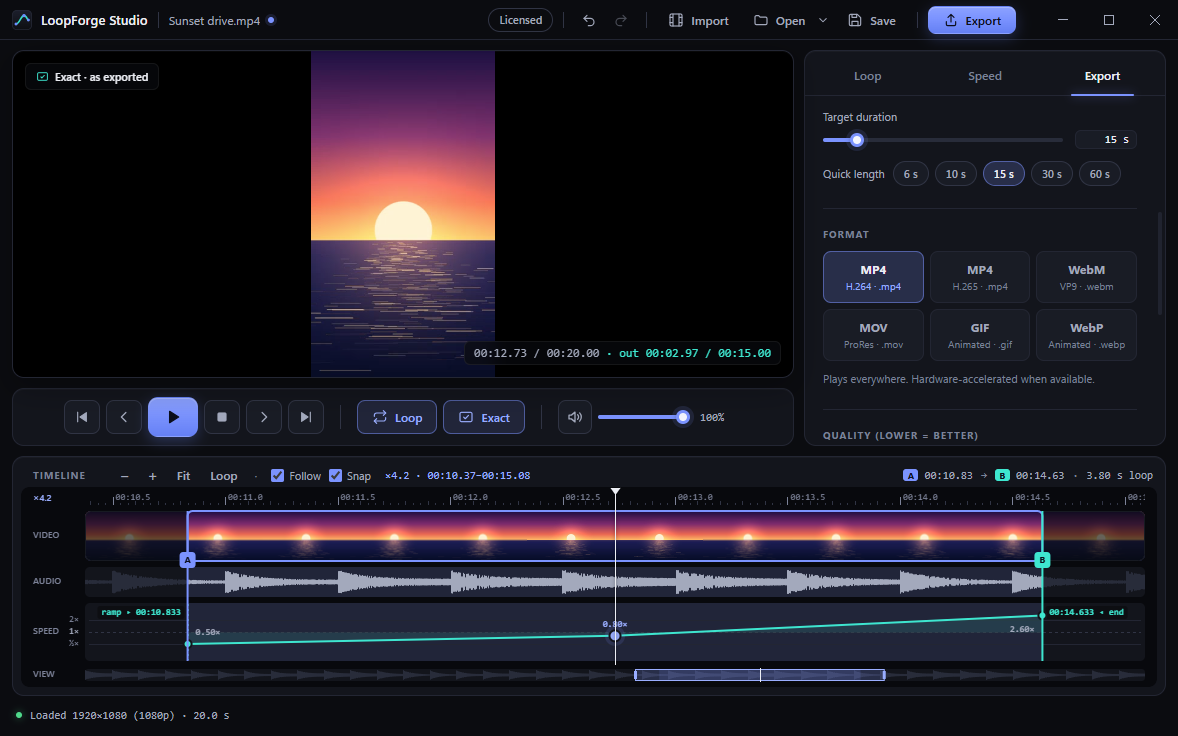 Exact preview playing the vertical 9:16 export. The badge reads Exact, as exported, and the timecode shows the position in the 15 second output.