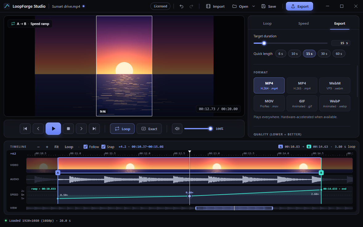 The Export tab with the 9:16 vertical frame selected. A crop frame is drawn over the preview, and quick-length buttons from 6 to 60 seconds are shown with 15 seconds chosen.