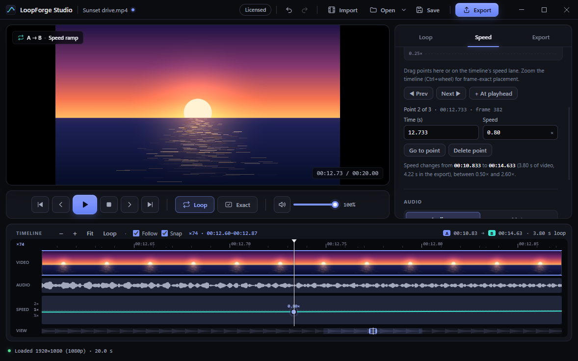 The timeline zoomed in 18 times around a speed ramp point at 12.733 seconds, with a ruler in tenths of a second, sharp thumbnails and a detailed audio waveform. The Speed tab shows that point's exact time and speed, and the overview bar shows where this window sits in the clip.
